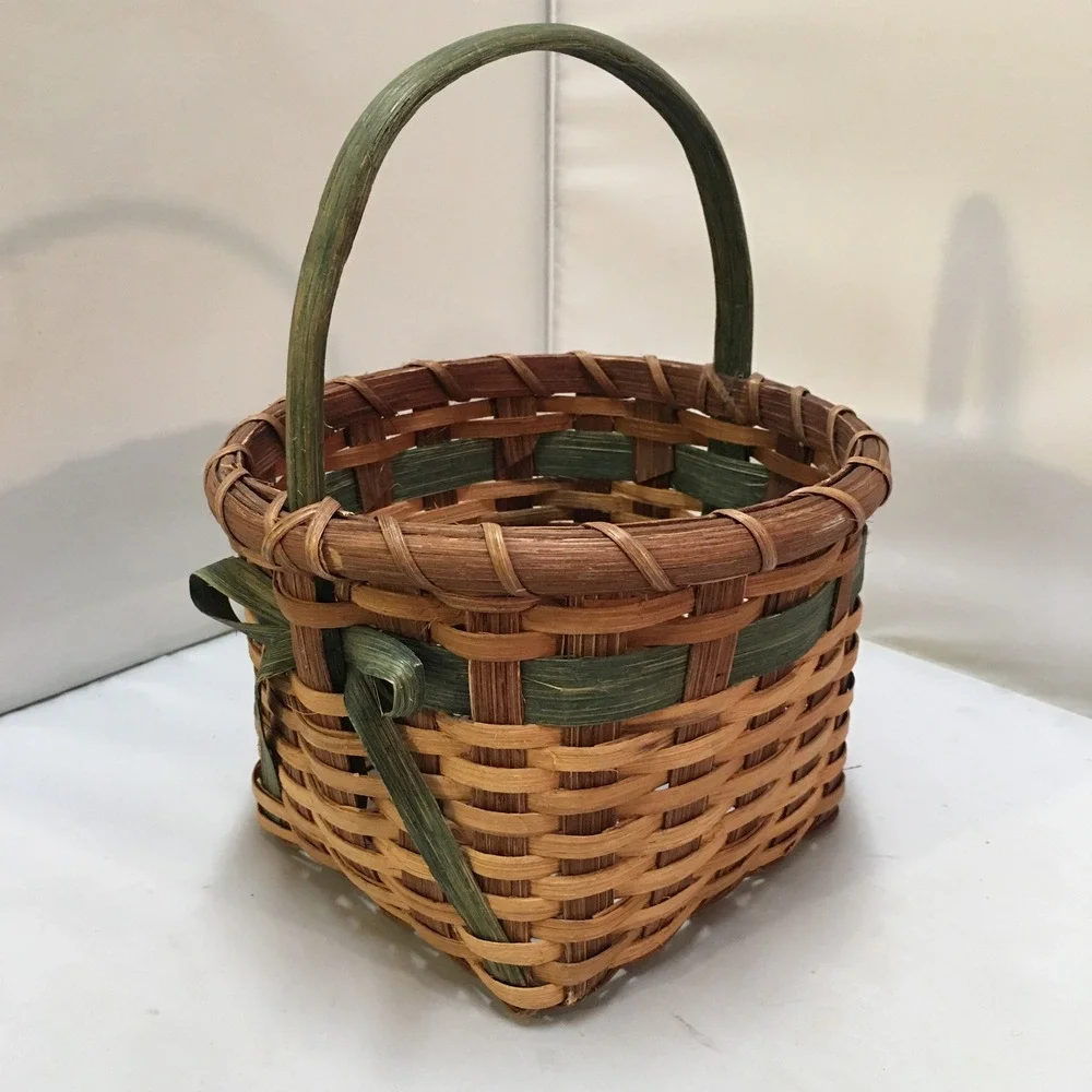 Woven Wood Basket Small Brown Green Bow Handle Rustic Decor Farmhouse Country